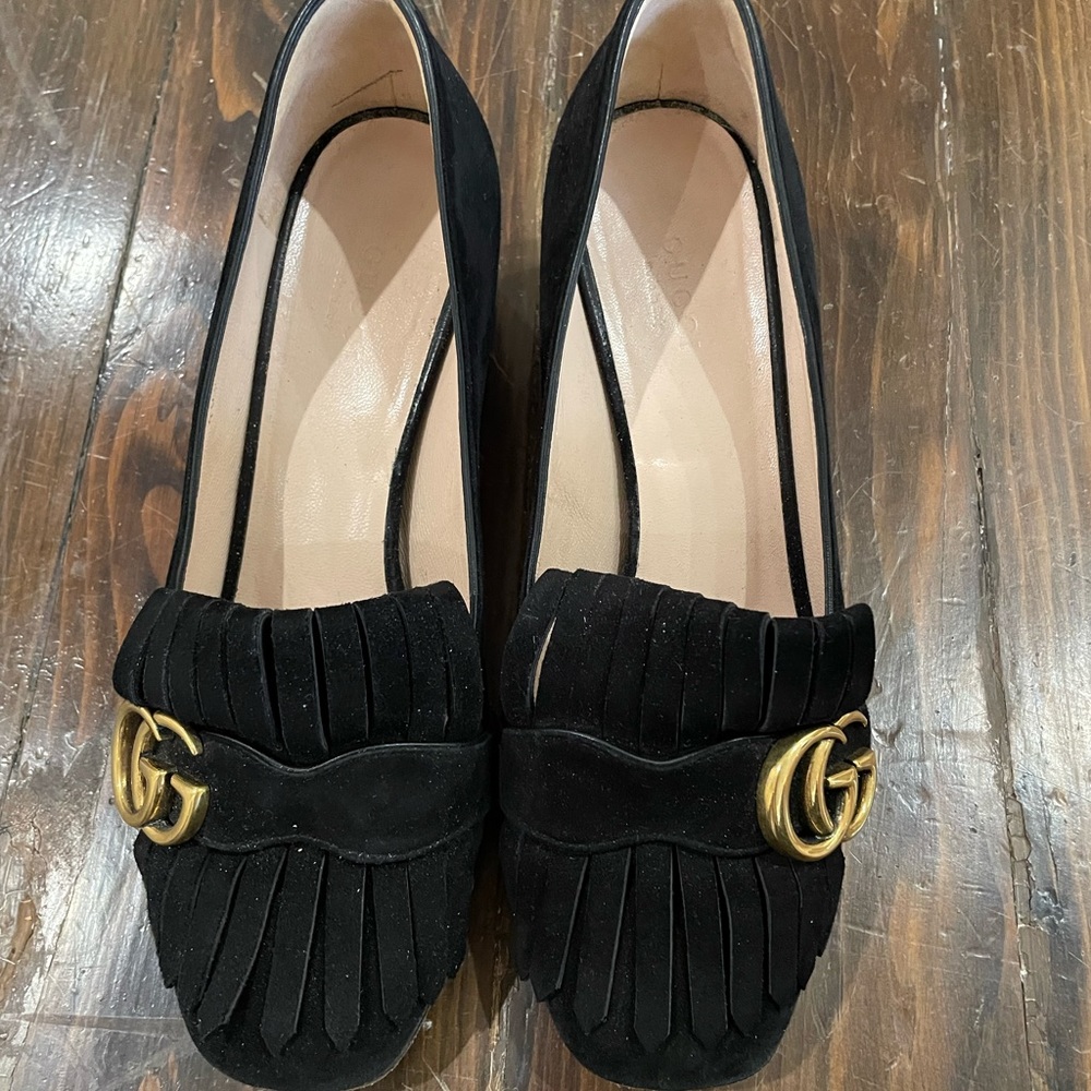 Gucci Black suede Marmont Mid-heel Loafers